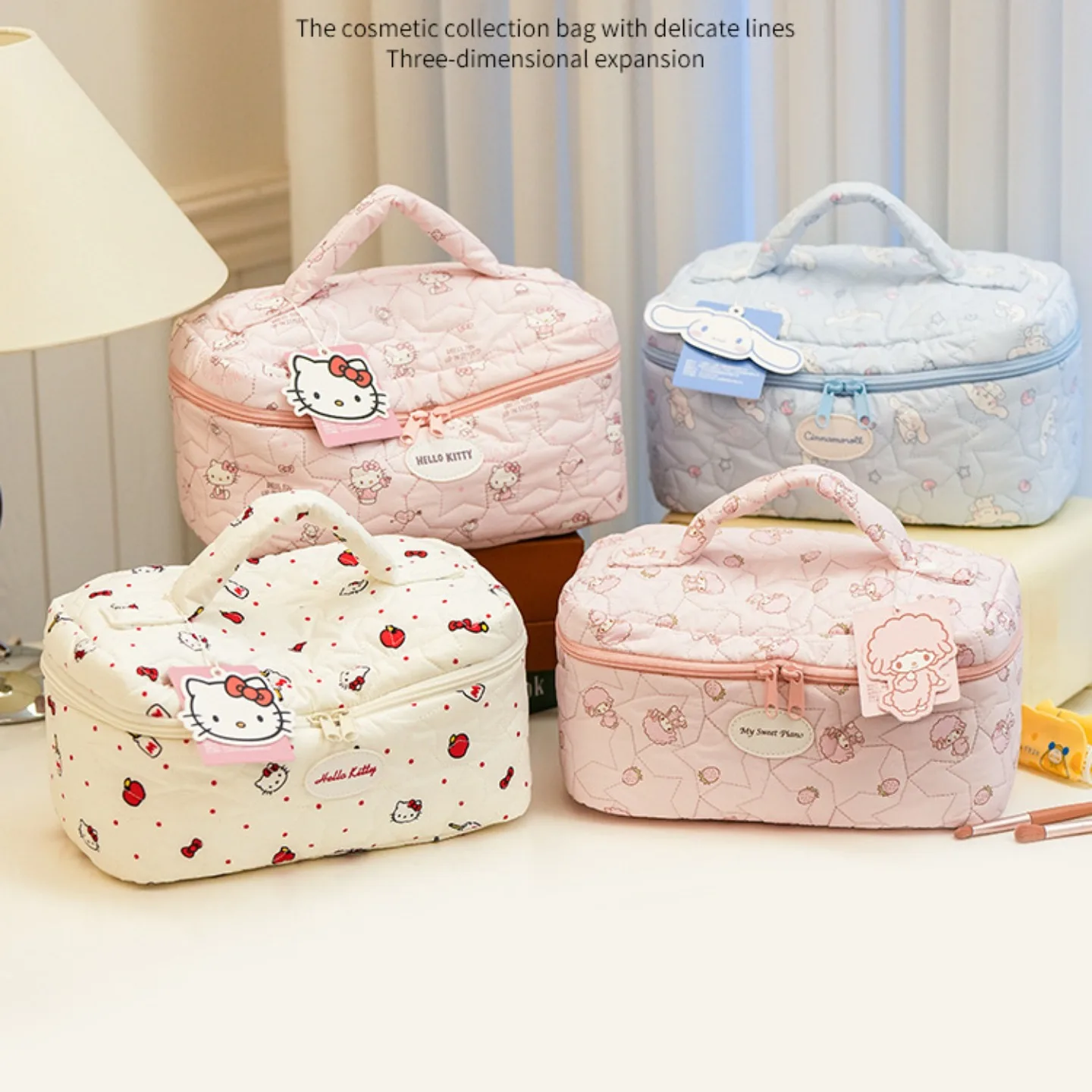 Soft and cute plaid KT cat quilted makeup case for girls, portable layered storage bag, Cinnamoroll travel cosmetic organizer st