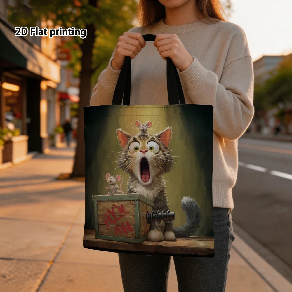 1pc Colorful Surprised Cat with Mice Art Tote Bag - Double-Sided Print Reusable Grocery Bags, Durable Polyester Shoulder Bag
