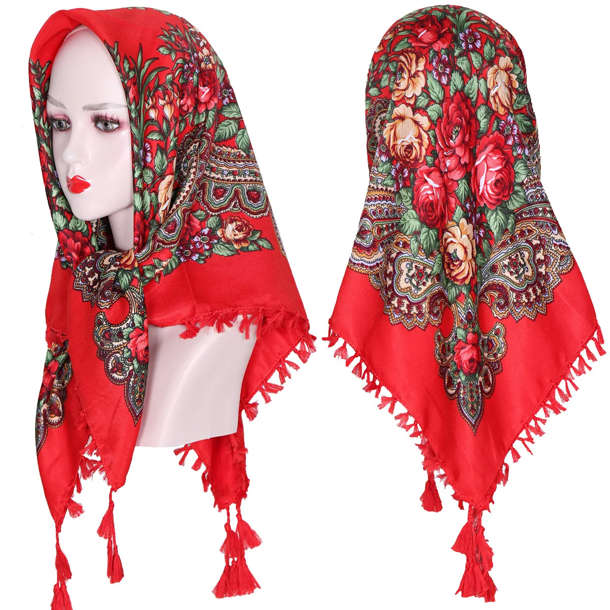90*90cm Short Tassel Russian Square Scarf Women Luxury Floral Print Bandana Scarves Babushka Headband Shawl Female Head Wraps