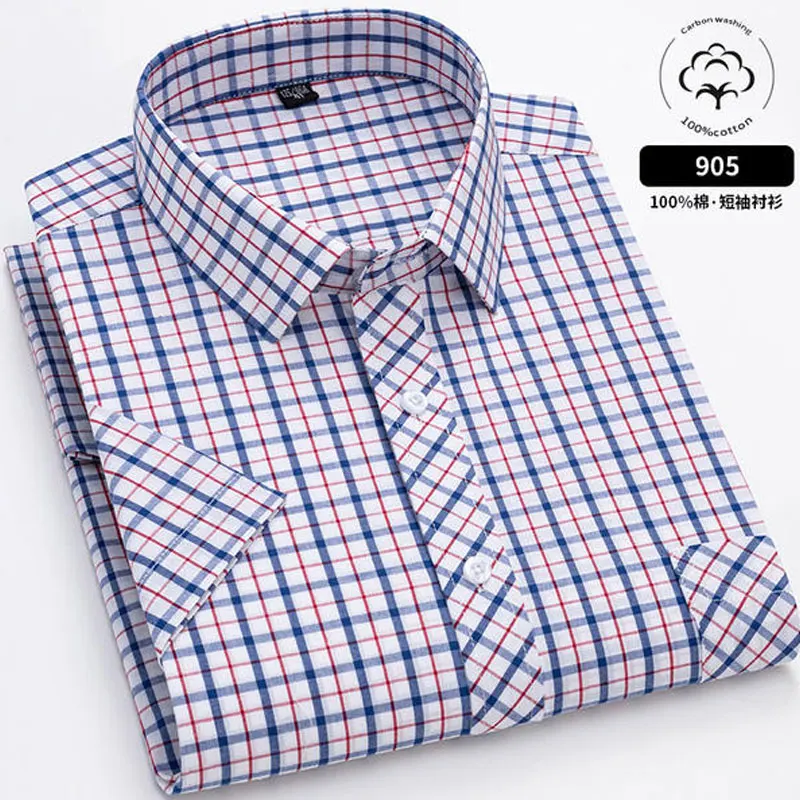 6XL Men\'s shirt Short sleeve Spring summer 100% cotton plaid Oxford non-ironing anti-wrinkle plus size casual shirt slim fit