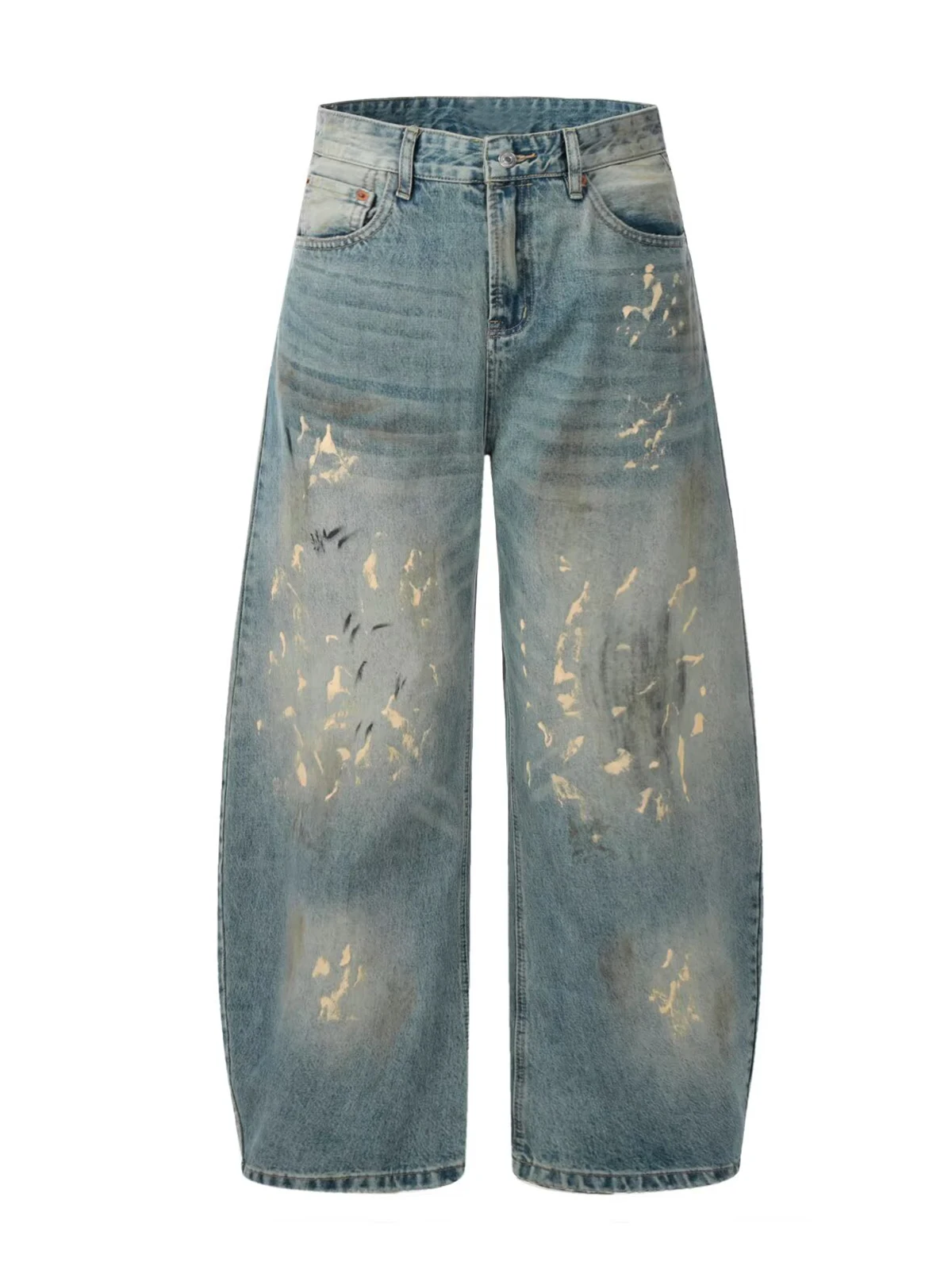 

Retro American Sle Men's And Women's Baggy Loose Fit Wide Leg Jeans Faded Ink Splatter Knife Version Casual Youth Faion