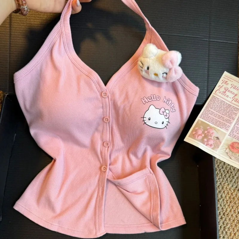 

Sexy Hottie Sanrio Hello Kitty Tank Top Y2k Summer Women Short Tight Hanging Neck Strap Cartoon Cute Girls Sleeveless Tank Top