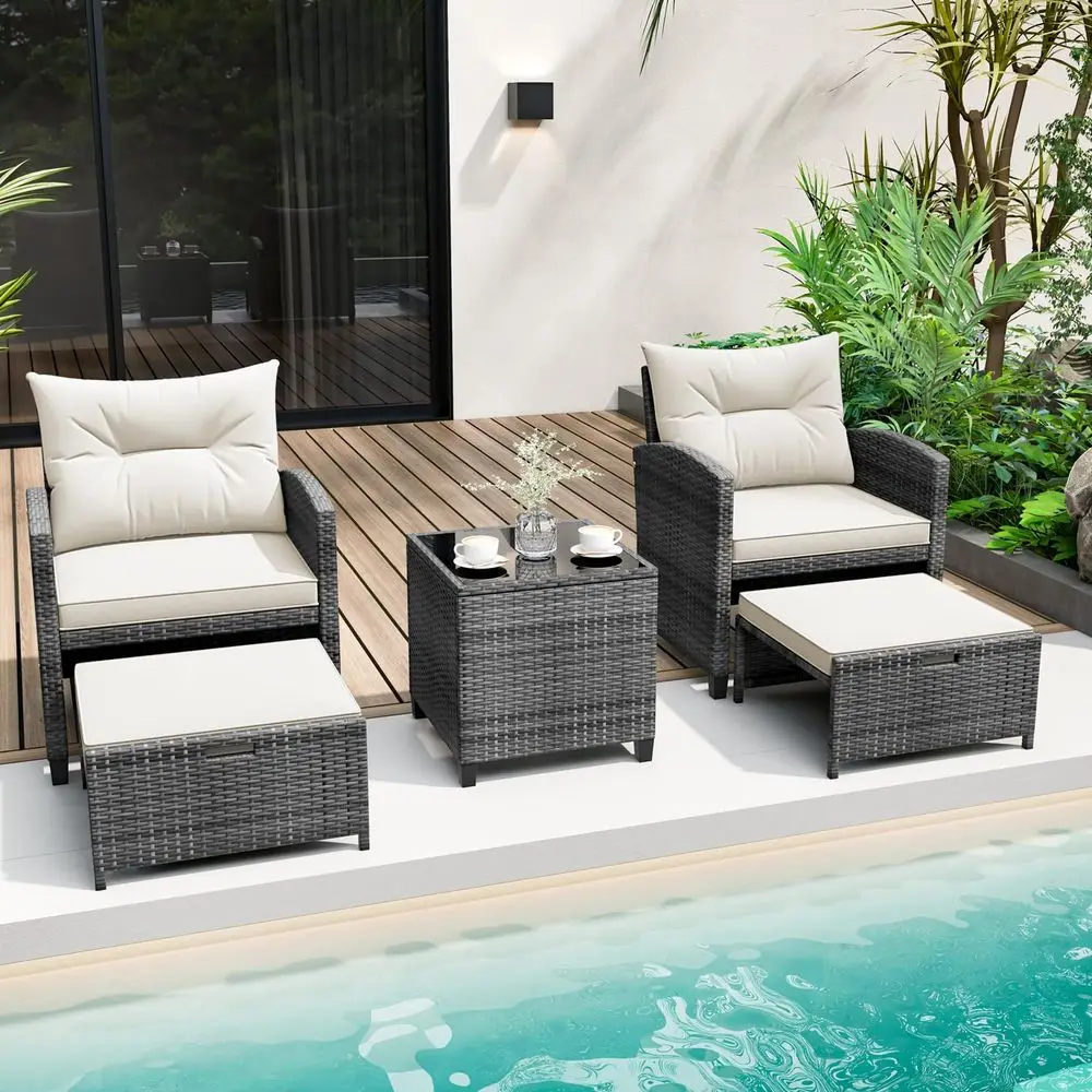 5 Pieces Patio Furniture Set with Ottomans, Wicker Patio Conversation Set with Coffee Table amp Cushions, PE Rattan Outdoor Lou