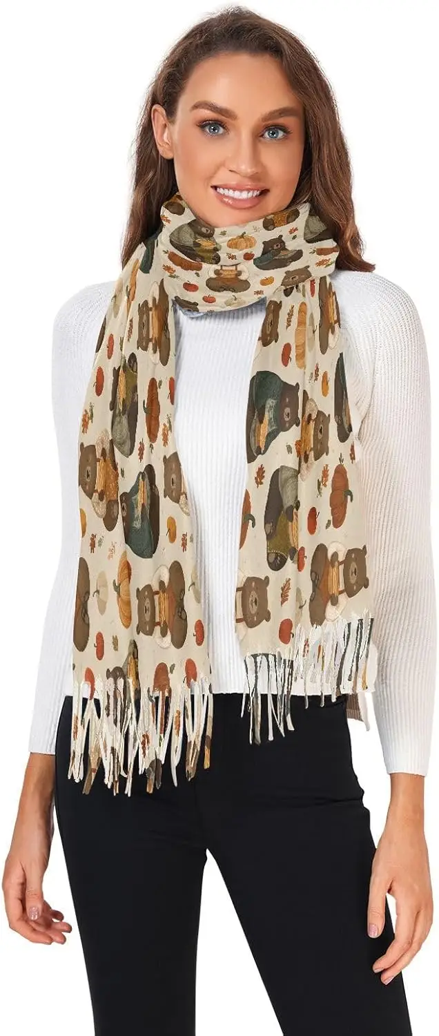 المرأة الشكر الدب اليقطين وشاح الباشمينا يشعر شالات يلتف خريف شتاء دافئ كبير الأوشحة موضة شرابة وشاح طويل