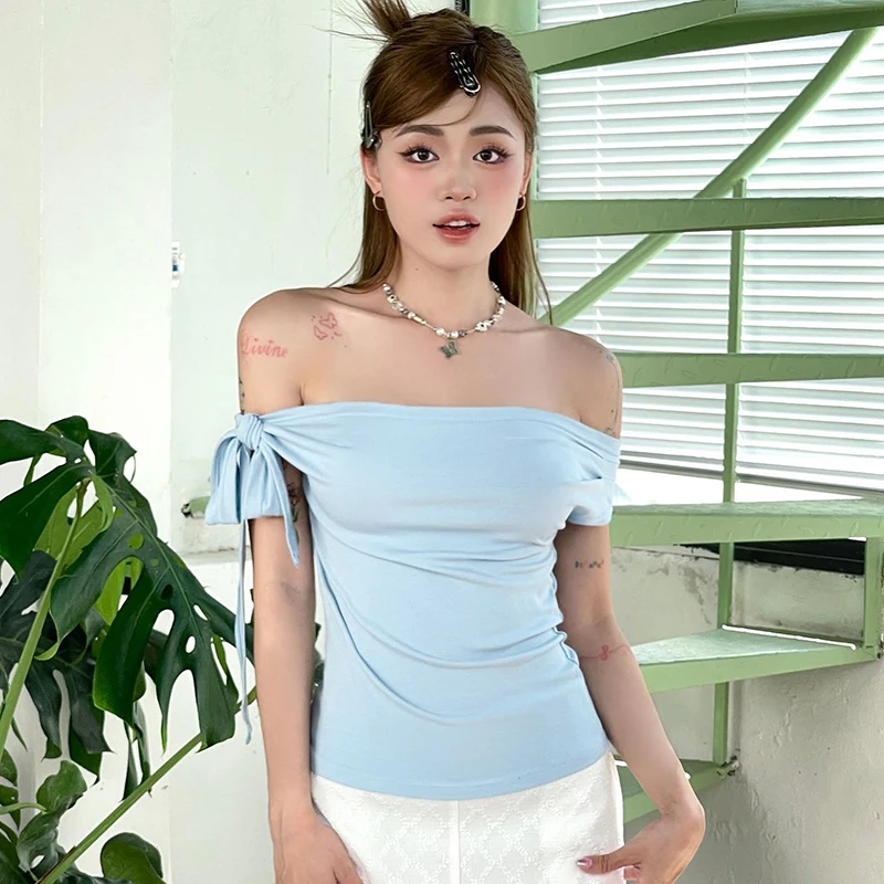 CUTENOVA 2024 Women'S Summer Ins Style New Shrink Pleated One-Shoulder Crop Top Backless Twist Tie Asymmetric T-Shirt Casual Top image 5