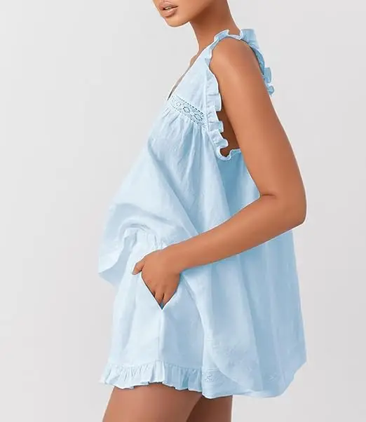 New Fashion Womens Casual 2 Piece Outfits Sleeveless V Neck Ruffle Tank Tops + Shorts Set Loungewear Hot Sale S M L