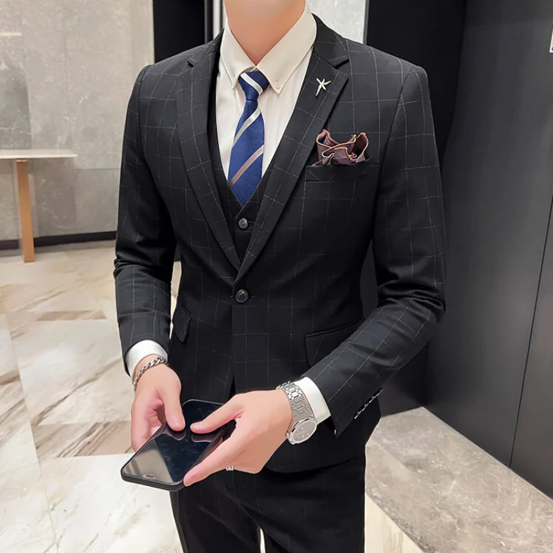 

High Quality British Style Business Suit Three-Piece Set Plaid Wedding Casual Vest Trousers Included