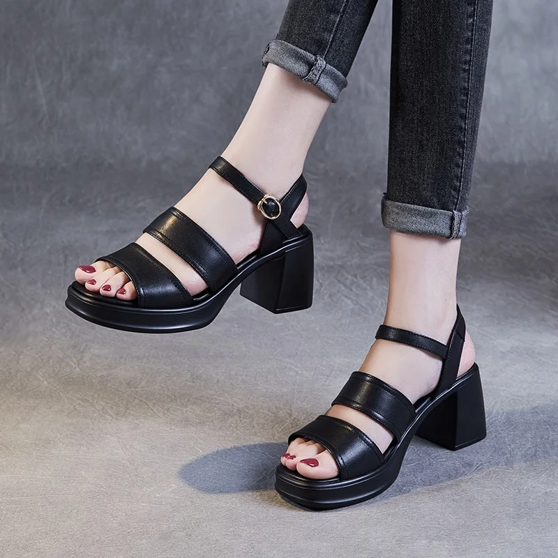 DRKANOL Women High Heel Sandals Summer Open Toe Shoes Genuine Leather Buckle Strap Thick Heel Platform Outside Casual Sandals