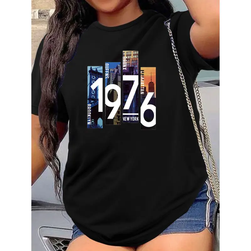 1976 New York Print T-shirts For Women Summer Lovely Short Sleeve Casual Round Neck Cotton T-shirts Ladies Personalized Tops