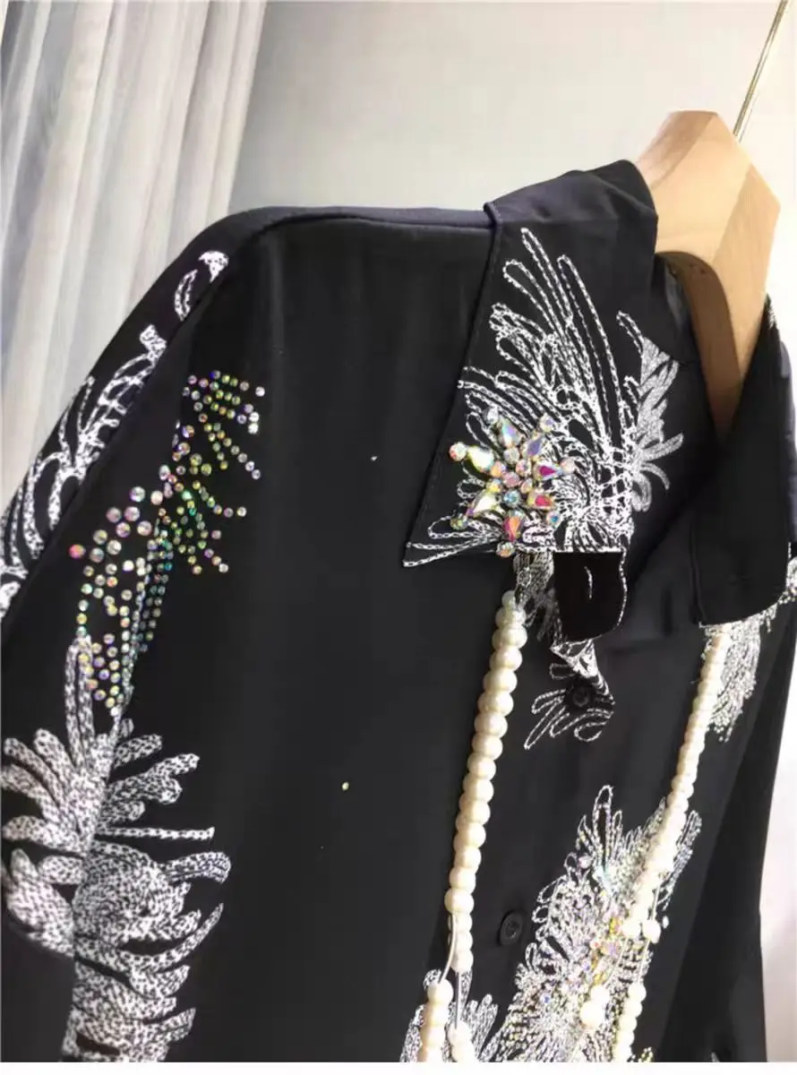 

High-end 2025 Spring Summer Luxury Design Sequins Diamonds Shirts Women's Loose Casual Y2K Black Blouses Tops Woman Clothing