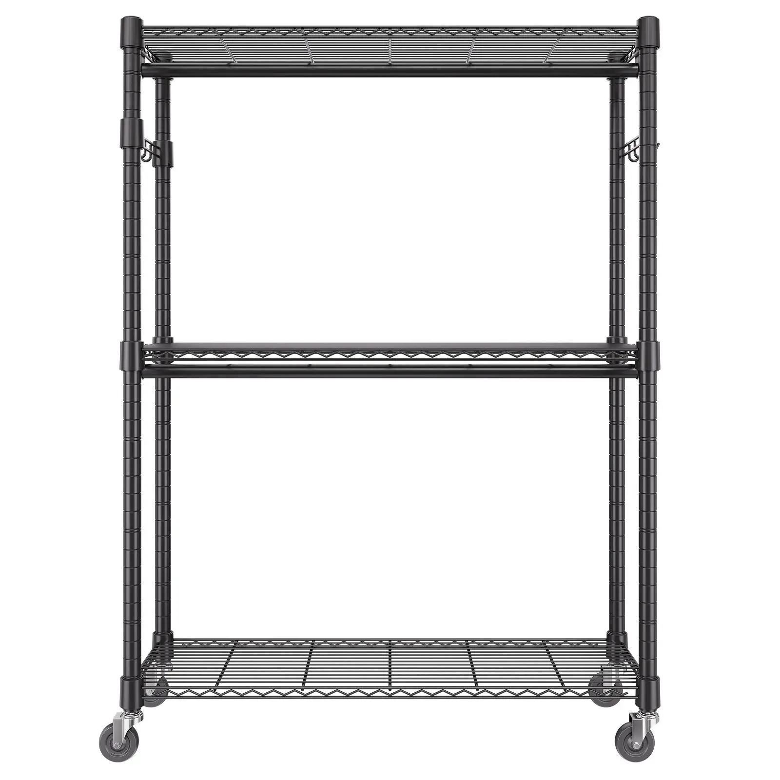 Heavy Duty Clothes Rack, Rolling Garment with 3 Storage Tiers, 2 Rods and 2 Pairs Side Hooks, Adjustable Height Closet for