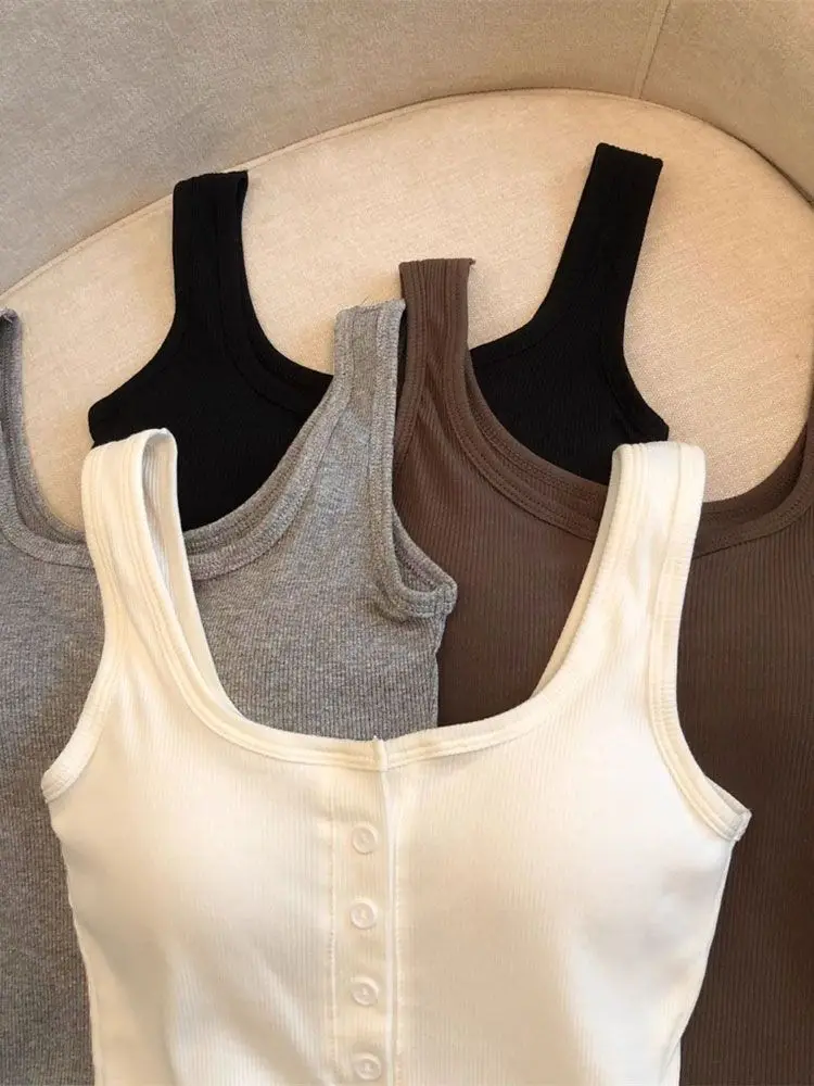 1-teiliges geripptes Henley-Tanktop für Damen, ärmelloses Camisole-Top mit quadratischem Ausschnitt und Knopfleiste vorne und integriertem BH – Detail 5