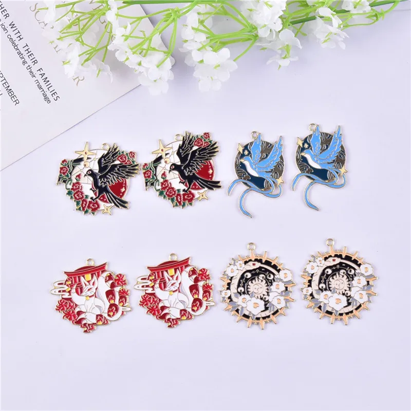 10pcs/pack Big Size Sun Fox Bird  Round  Enamel Metal Charms Pendant Jewelry Making Craft DIY