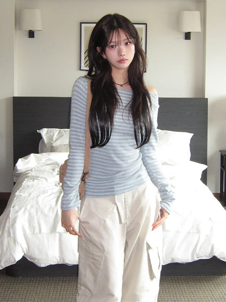 Blue Striped One oulder Base irt Women's Slim Fit Long Sve T-irt Inner Wear Autumn Winter Faion Korean Sle Top