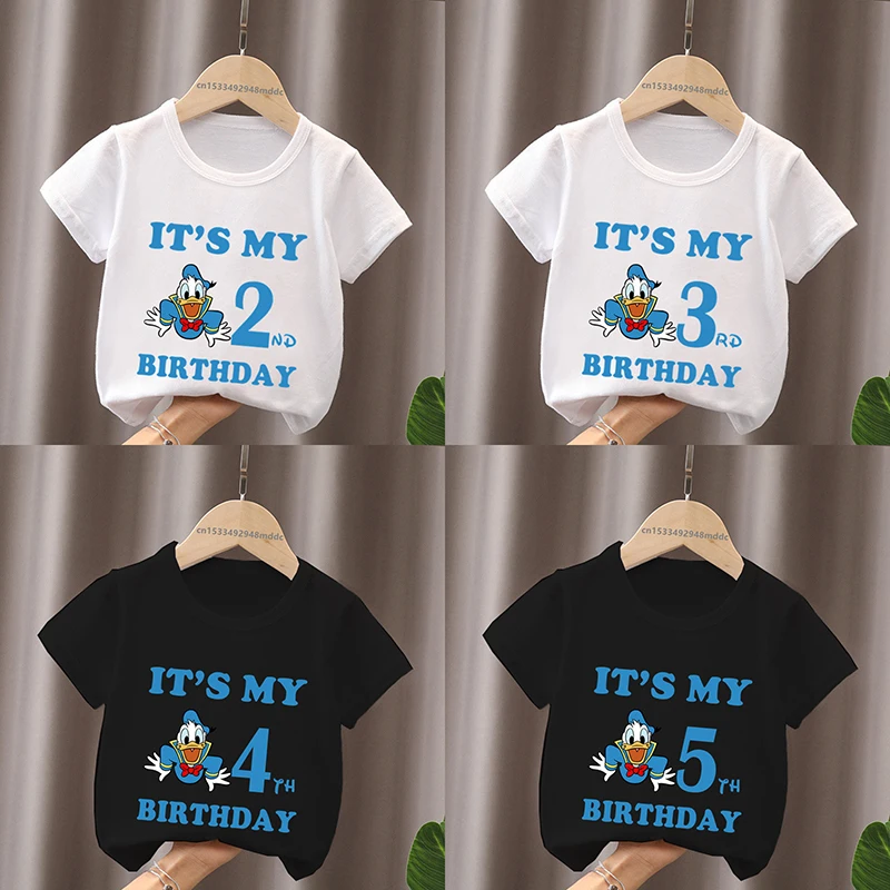 

Это мой дневной день рождения, футболка для мальчиков и девочек, милый мультяшный рисунок Дональд Дак, детская одежда, детские футболки