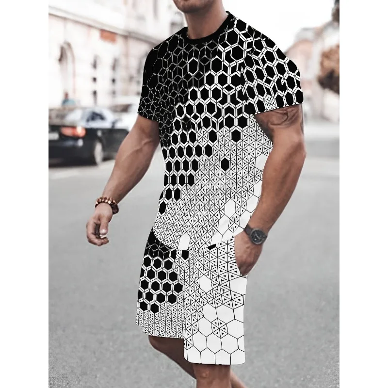 2025 Summer Men's Daily Leisure Sports Street Travel Personalized 3D Printed Round Neck Short Sleeved T-shirt Shorts Set