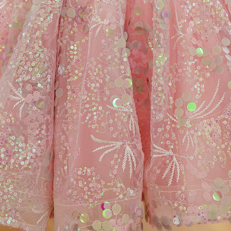 2024 Bubble Sleeves Sequin Girls Dress Pink Sweet Clothing Elegant Evening Girl Dresses Birthday Prom Vestidos for Children Baby