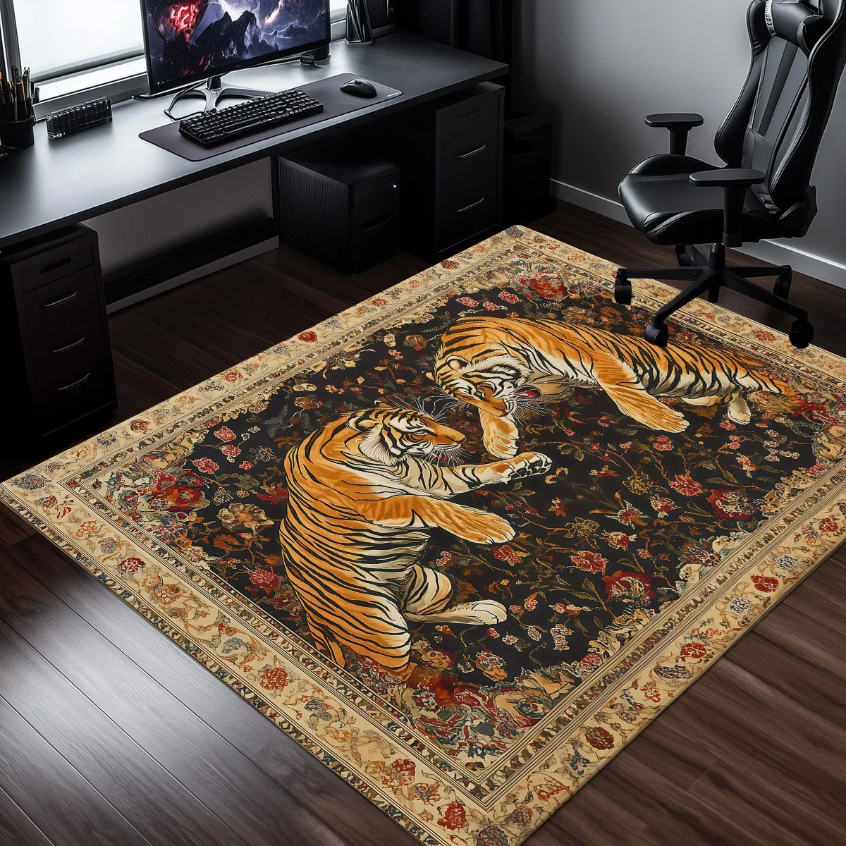 Tiger Fight Design Crystal Velvet Rug Oriental Style Animal Pattern Living Room Bedroom Floor Mat High Quality Anti Slip Carpet