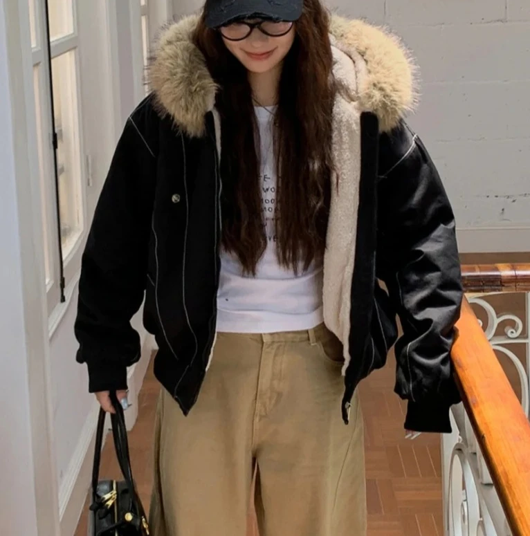 Manteaux pour femmes, Streetwear, col en fourrure, Parkas à capuche, Y2k, Harajuku, vestes épaisses rembourrées, décontractées, fermeture éclair, gothique