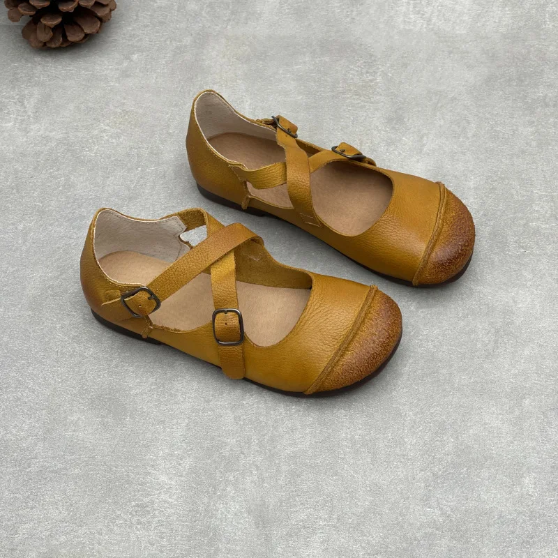 Women Original Handmade Genuine Cow Leather Belt Buckle Flat Shoes Retro Round Toe Cross Strap Mary Janes Casual Comfort Pumps view 2