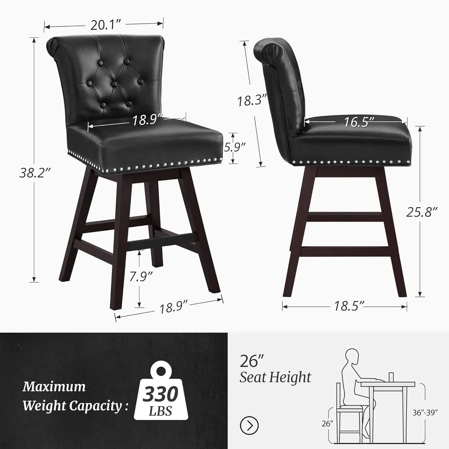 Conjunto de bancos de bar com altura de balcão de 3, bancos de bar giratórios de 26 polegadas com encosto, bancos de balcão de couro sintético com apoio para os pés, retrô