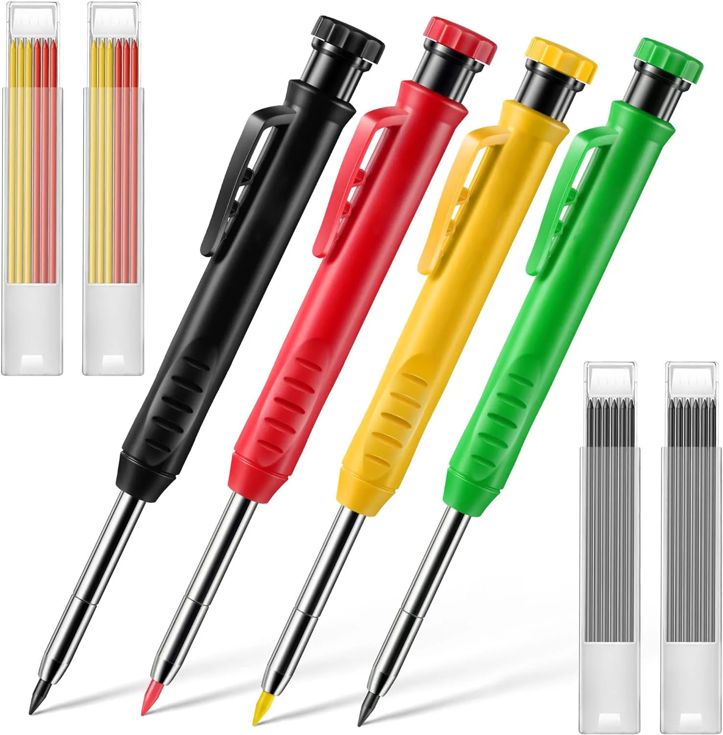 4 Pcs Mechanical Carpenter Pencils with 28 Pcs Refills Deep Hole Marker Set Built in Sharpener Woodworking Scribe Tools