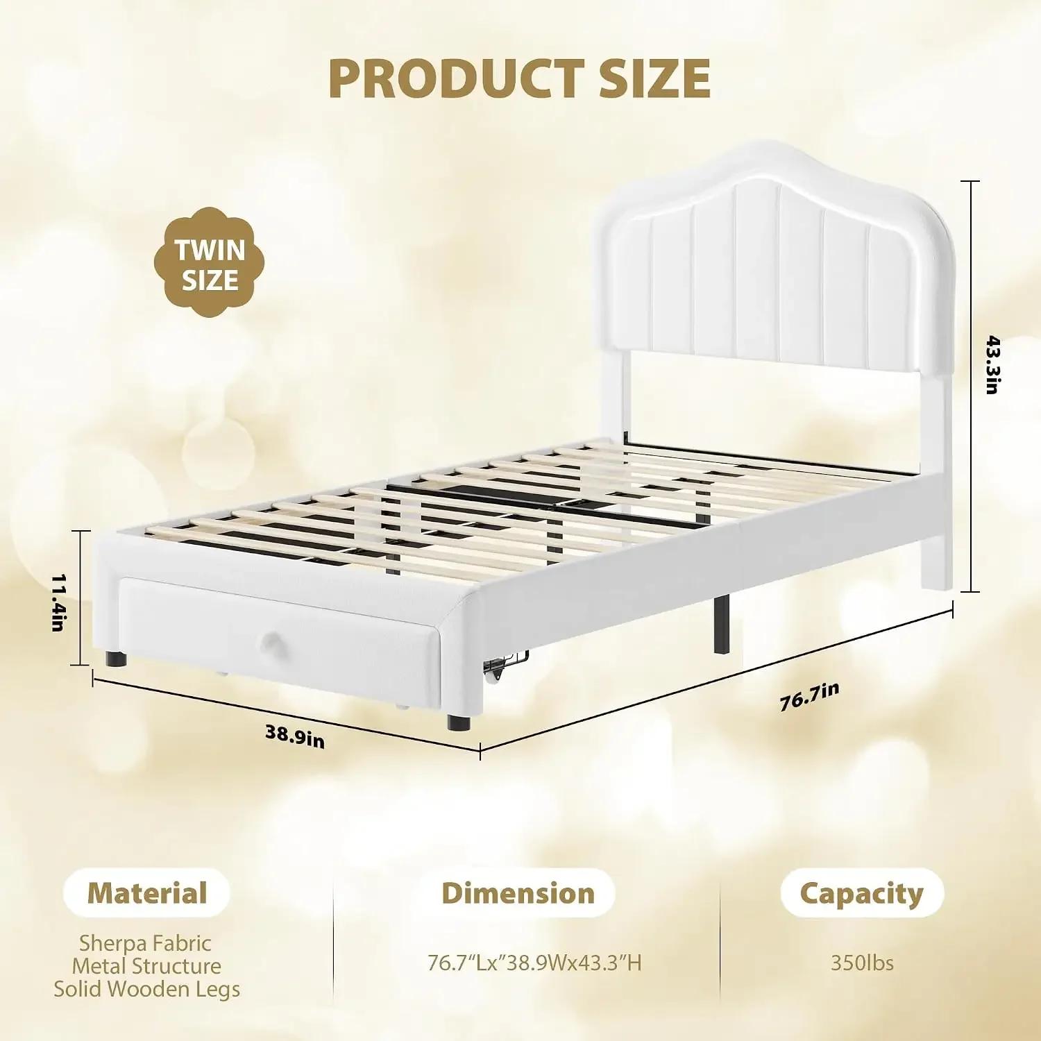 USA Stock Twin Bed Frames With Storage Drawer, Velvet Headboard Bed, White | With LED Light, Princess Platform Bed For Girls/Kid
