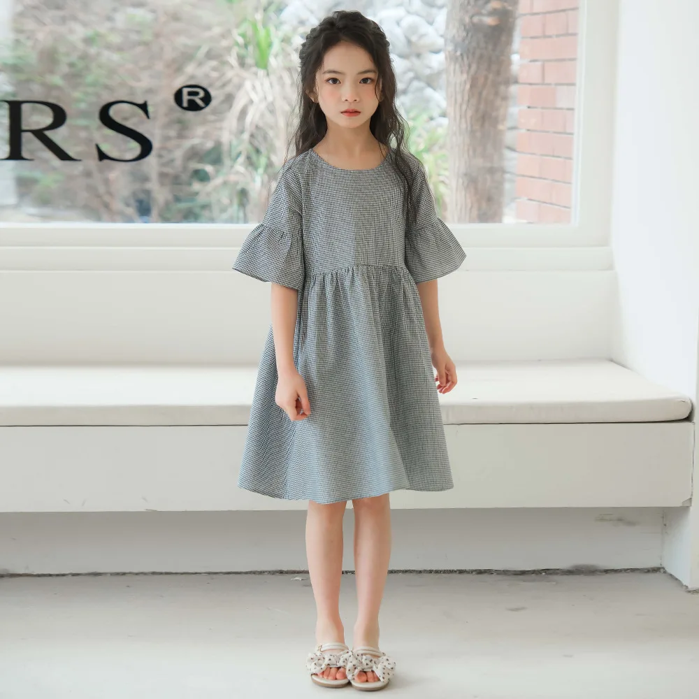 

Casual Summer Kids Girls Dress Black Plaid Kids Clothes Fly Sleeve Teenager Girl Princess Dresses New 2024 Child