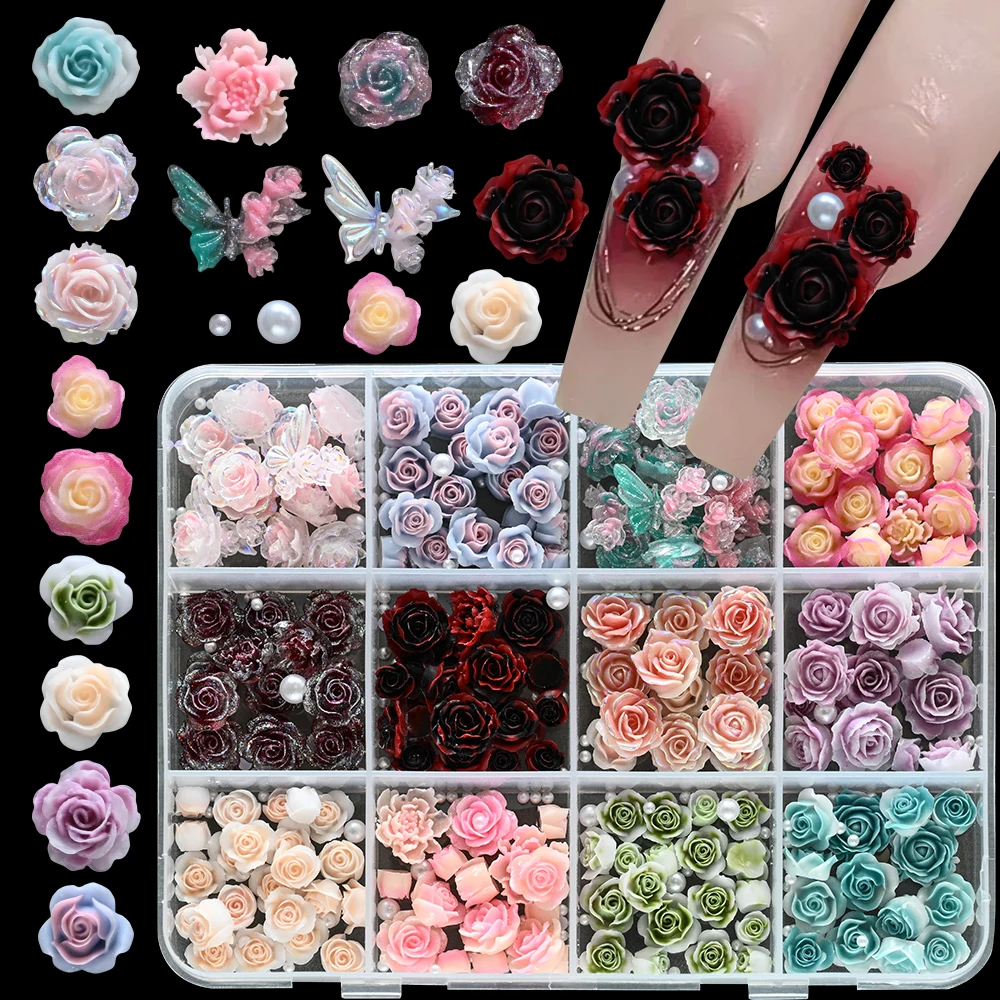 1Box Sweet Resin Peony Rose Flower Pearl Nail Charms 3D Colorful Gradient Carving Flowers Butterfly Nail Art Dec DIY Accessories