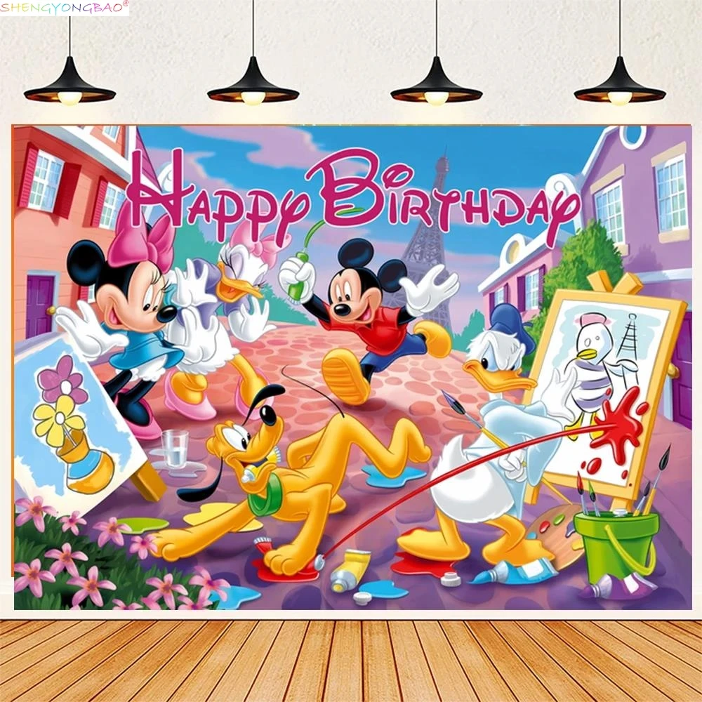 

Disney Mickey Mouse Kids Happy Birthday Background Minnie Party Decorations Baby Shower Disneyland Photography Backdrops XC-23
