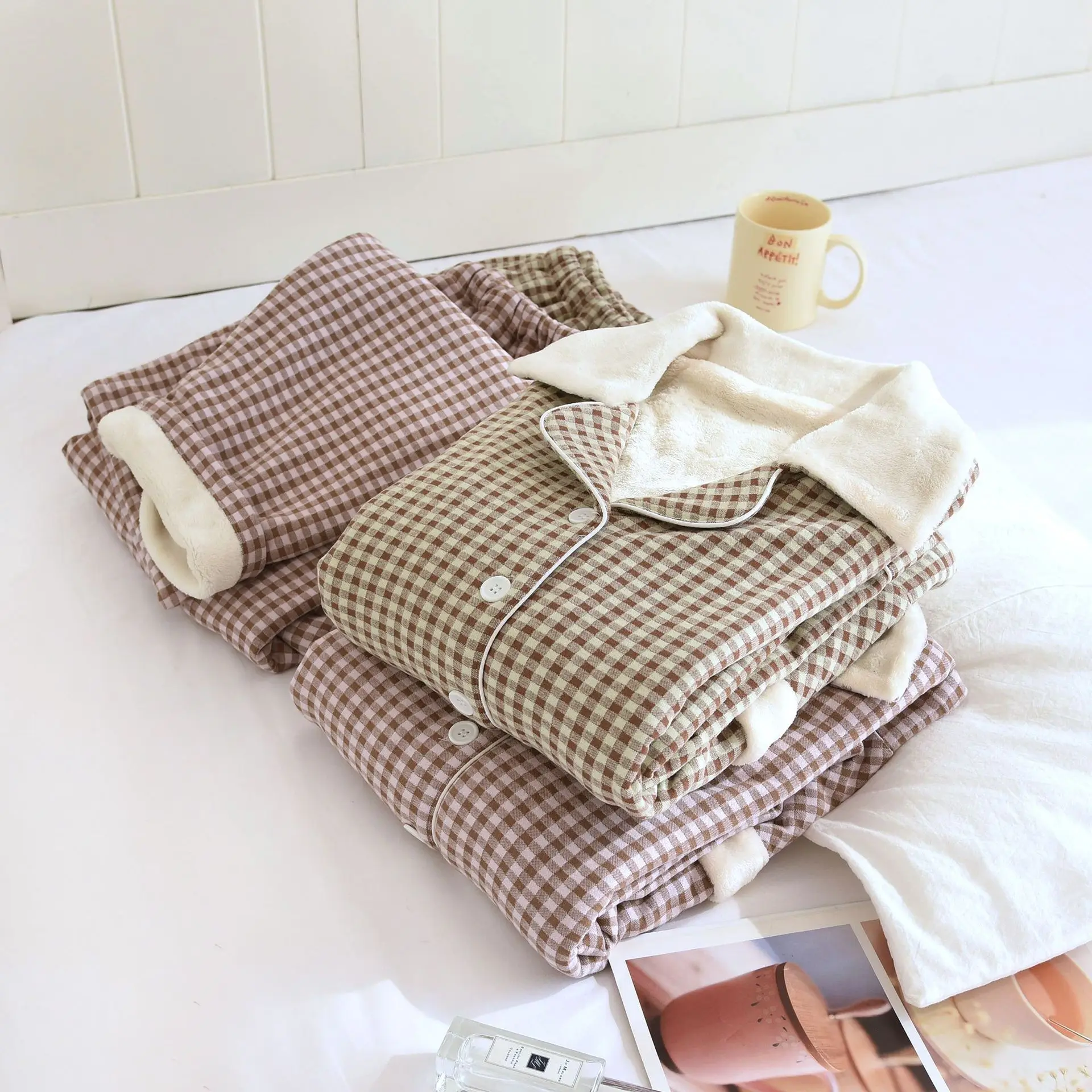 

Клетчатая ночная рубашка для женщин, пижамы, теплая одежда для сна на зиму, утепленные комплекты женской одежды с длинными рукавами, пижамный костюм