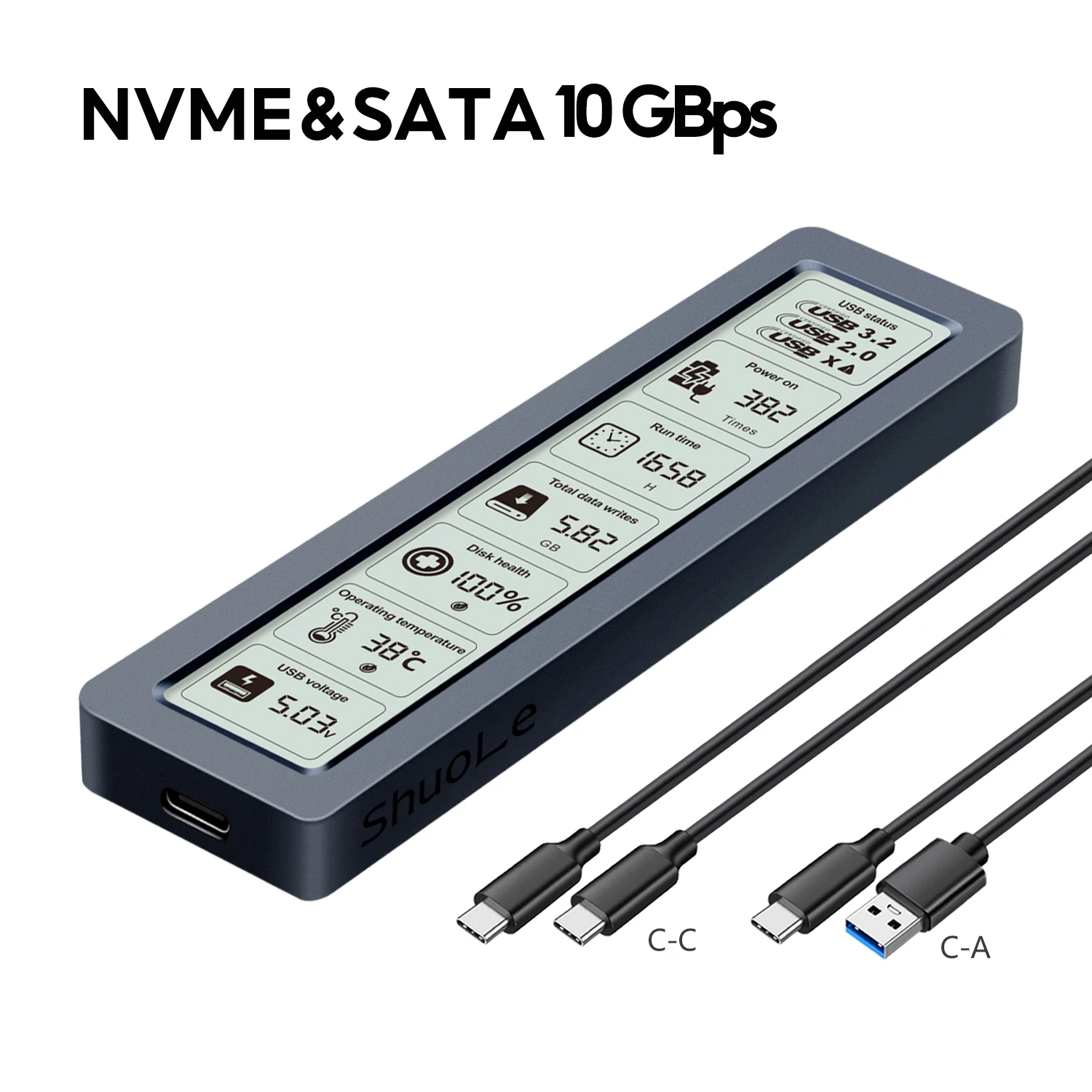 M.2 NVMe SATA SSD-behuizing Visuele slimme SSD-behuizing USB 3.2 Gen 2 10 Gbps NVMe PCI-E 20 Gbps