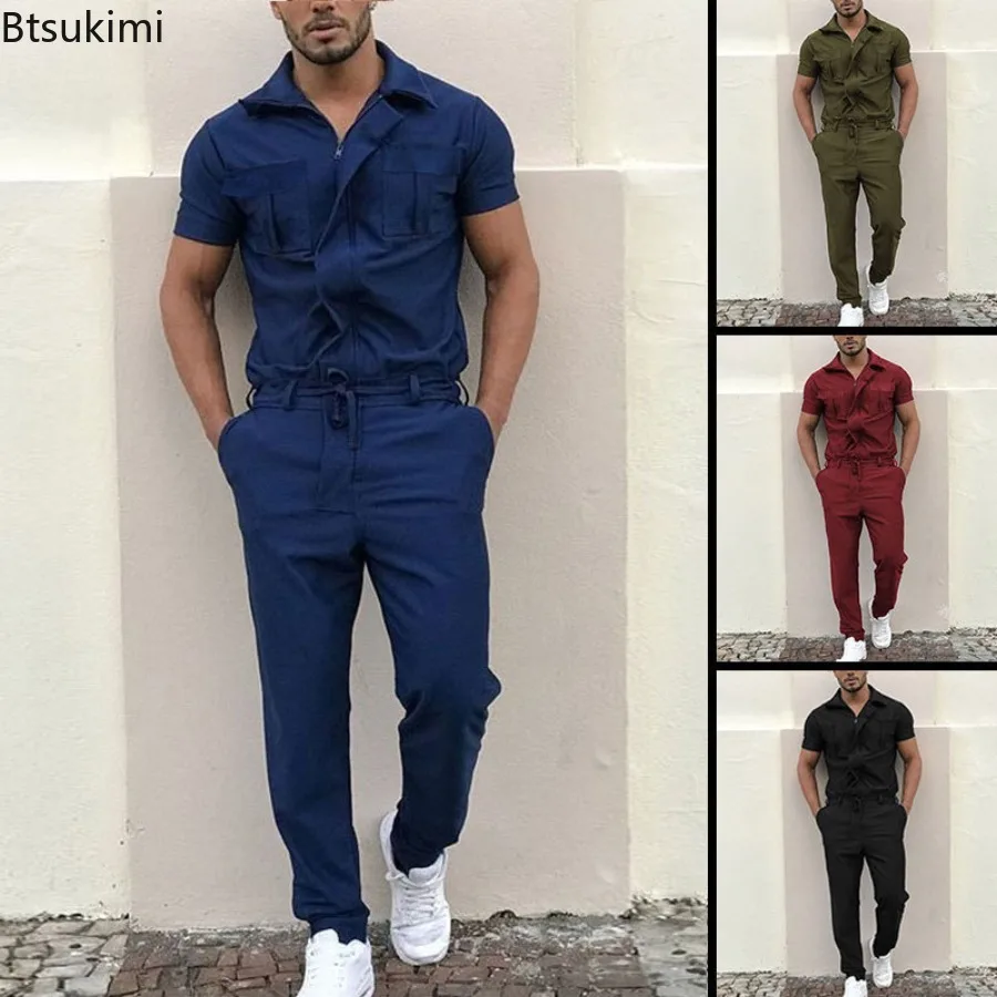 New 2024 Men's Cotton Cargo Jumpsuits Fashion Loose Casual Short Sleeve Romper Pants Male Work Uniform Lace Up One Piece Outfits