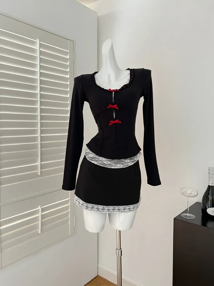 

Spring Korean Fashion Sexy 2 Pieces Set Women Bow Lace Fake Two Pieces Tops+Zipper Mini Skirts Hottie Casual Streetwear Suits