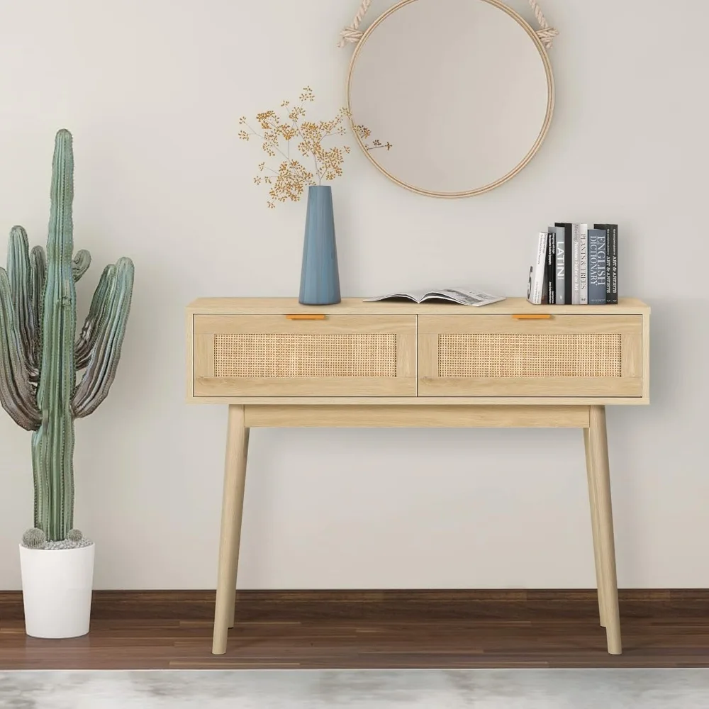 

Rustic Console Table, Oak Natural Rattan Sofa Table with 2 Woven Drawers for Entryway Hallway Living Room (39.4x11.7x29.8) White
