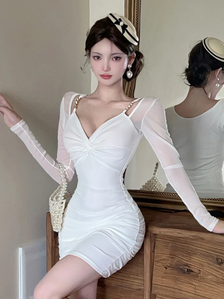 Ropa de mujer de malla transparente Sexy con tirantes y cuello en V pliegues ajustado Mini Vestido corto elegante señora Fiesta Club Vestidos de graduación moda Y2K nuevo