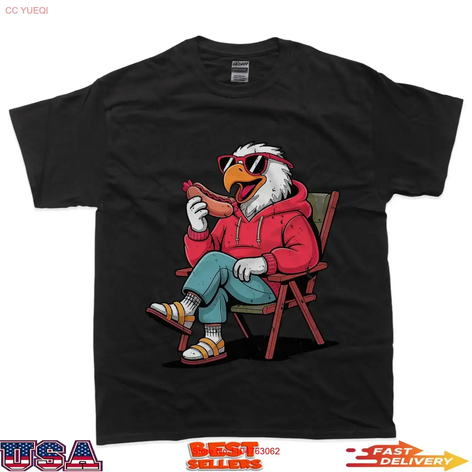 Patriotic Eagle Cartoon with Hot Dog for 4th of July Fun T Shirt vintage Washed Top For Everyday Wear Soft Unisex homme fashion