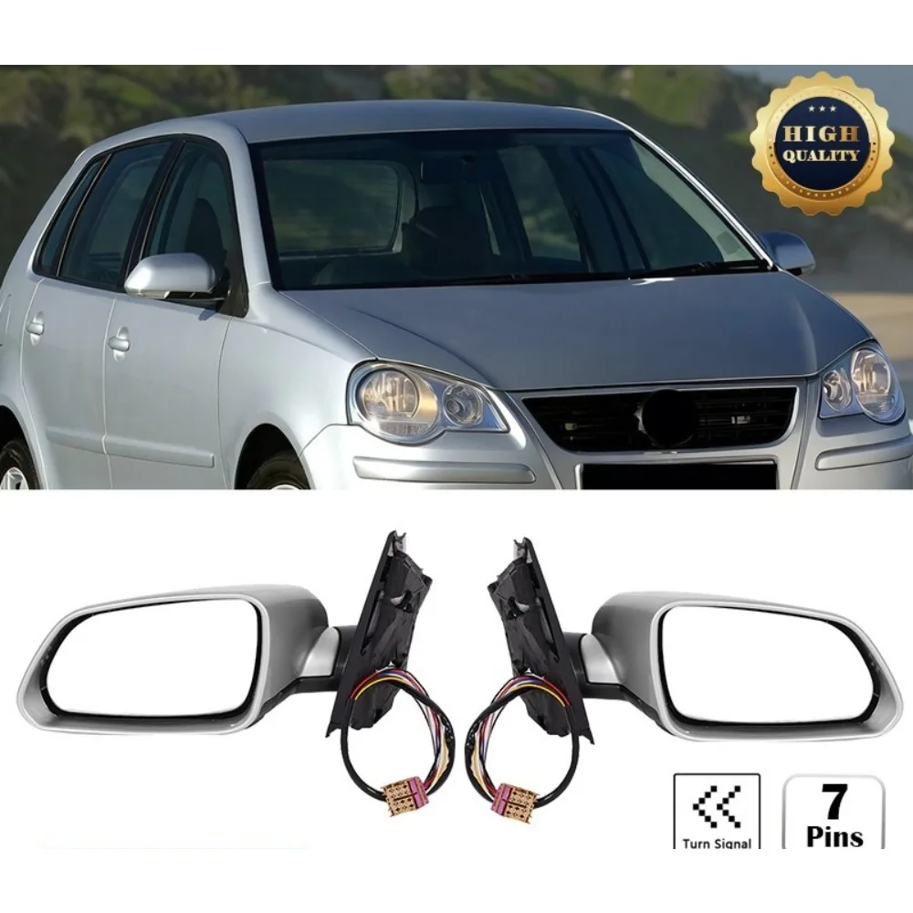 For VW Polo MK4 9N3 2005-2009 Silver 7 Pins Electric Heated Wing Mirror Manual Fold 2 Pcs Mirror Assembly Car Replacement Parts