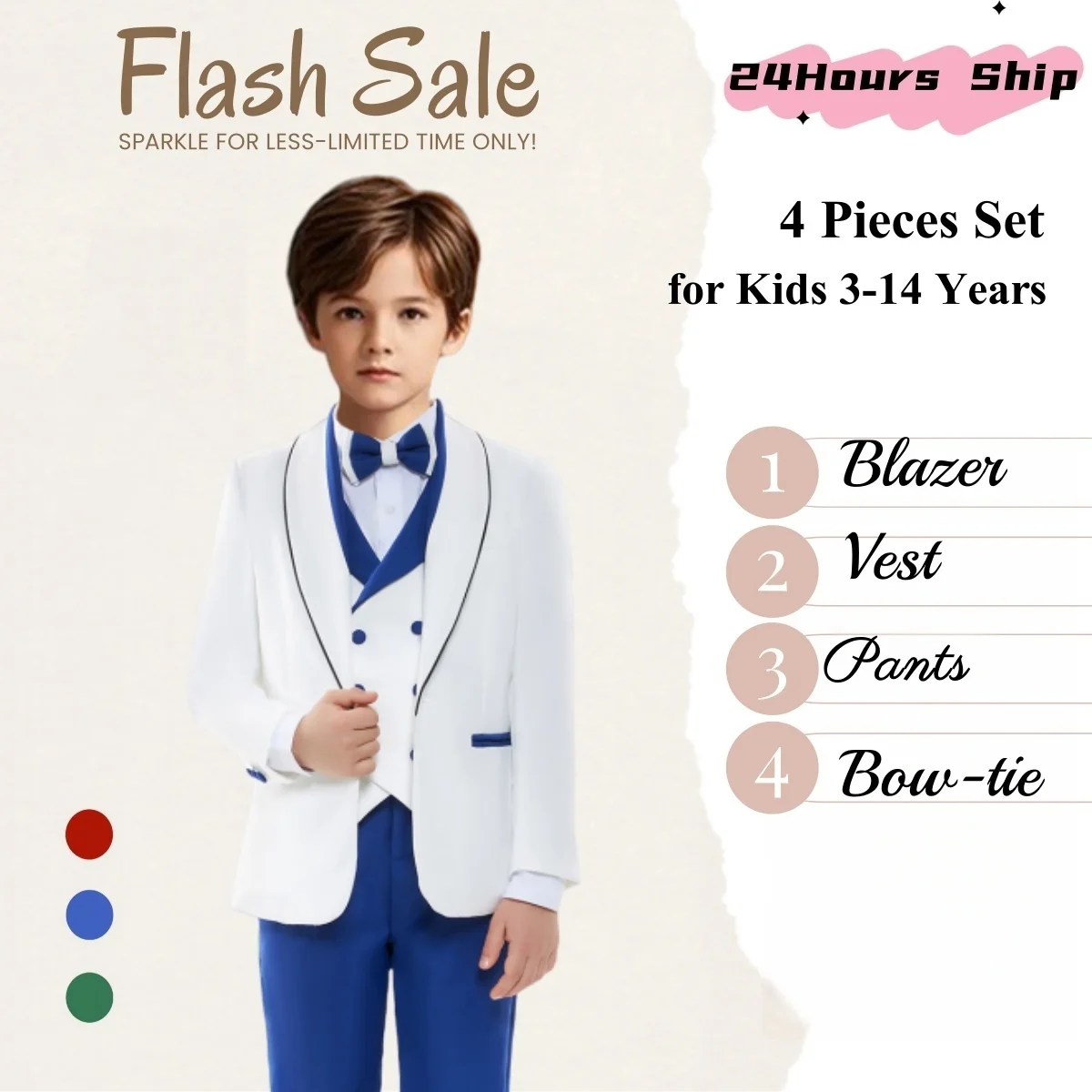 

Ship 24 Hours Boys Slim Fitting Suit Set 4 Pieces Jacket Pants Vest Bowtie Set, Back-to-School Tuxedo Pants 3-14 Years Children
