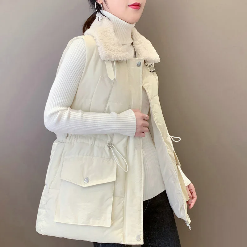 Chaleco con cuello de lana de cordero y solapa para mujer, Chaqueta de algodón de plumón de estilo coreano, Top de moda femenina, chalecos casuales cálidos