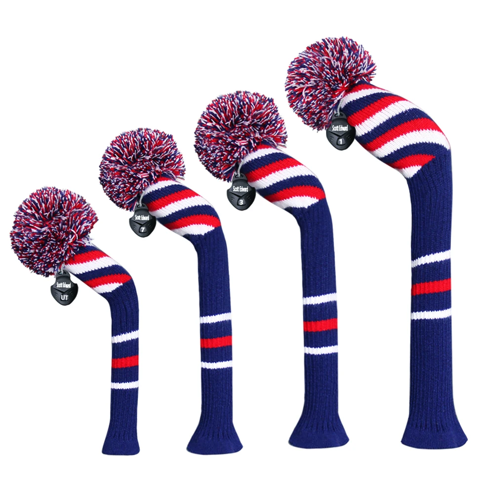 4pcs New Golf Knitted Pom-pom Woods Double Layers Headcovers,wood long-neck Driver Fairway Hybrid,135 Golf Wood with Classical