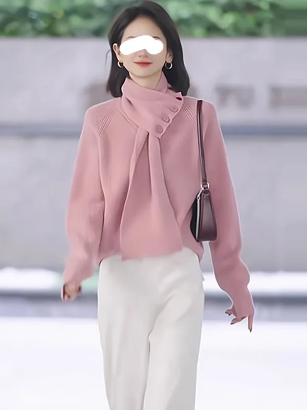 

Модный женский вязаный джемпер с отстегивающимся шарфом: мягкий, универсальный, комфортный, с длинными рукавами и круглым вырезом, для весеннего сезона