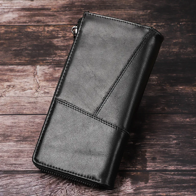 Men's Buckle Closure Leather Clutch Wallet, Long Zipper Vintage Handbag with Multiple Pockets, Top Grain Cowhide Organizer