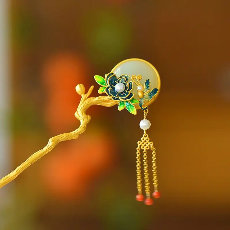 New in Chinese style tiara classical flowers tassels Natural Hotan Jade hair pin high-level accessories hair jewelry