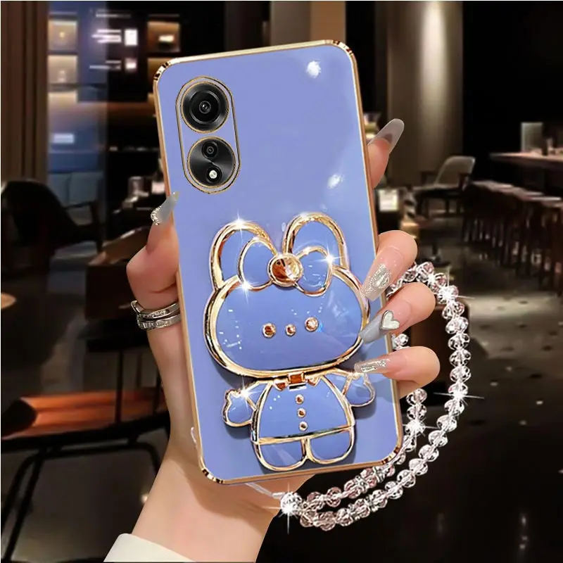Diamond Strap Mirror Rabbit Phone Holder Case For Oppo A31 A32 A35 A36 A38 A58 A58X A57 A55 A54 A52 4G 5G 2020 2022 Stand Cover