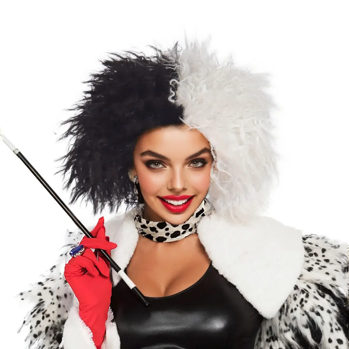 Black and White Split Color Curly Wig, Voluminous Short Synthetic Hair for Cruella De Vil Cosplay and Halloween Costumes