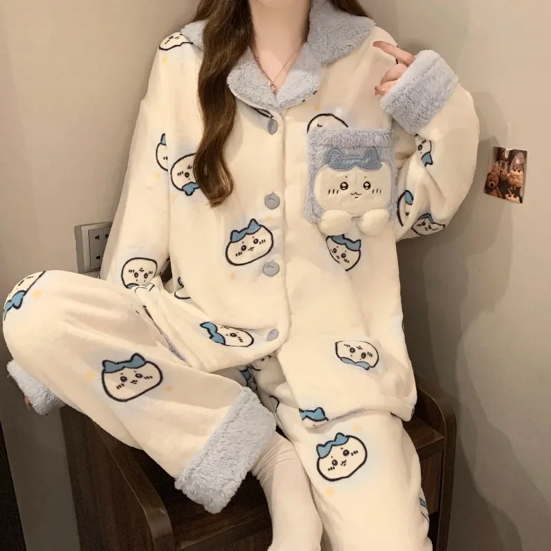 Women's Thickened Coral Velvet Pajamas Set Autumn Winter CHIIKAWA Xiaoba Couple Student Home Comfortable Sleepwear
