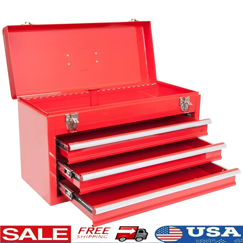 

20 Inch Portable Steel Tool Box 3 Drawer Heavy Duty Organizer with Ball Bearing Slides Durable Tool Storage Locking Mechanism