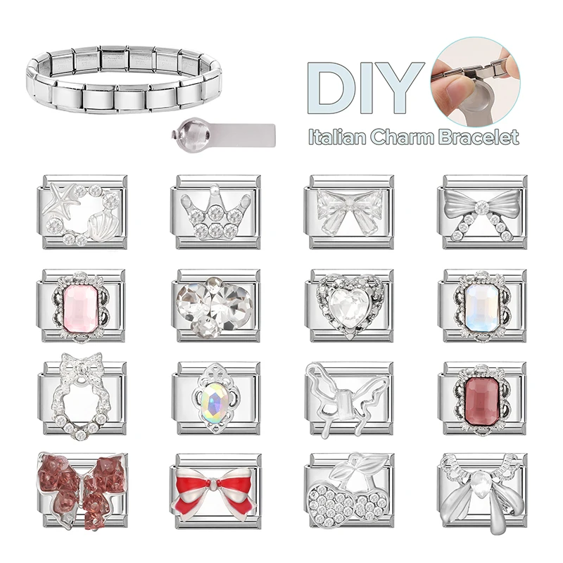 الزركون القلب القوس الكرز الصليب ستار القمر اللؤلؤ الصلب اللون الإيطالية سحر الروابط صالح 9 مللي متر الفولاذ المقاوم للصدأ سوار النساء DIY بها بنفسك صنع #6