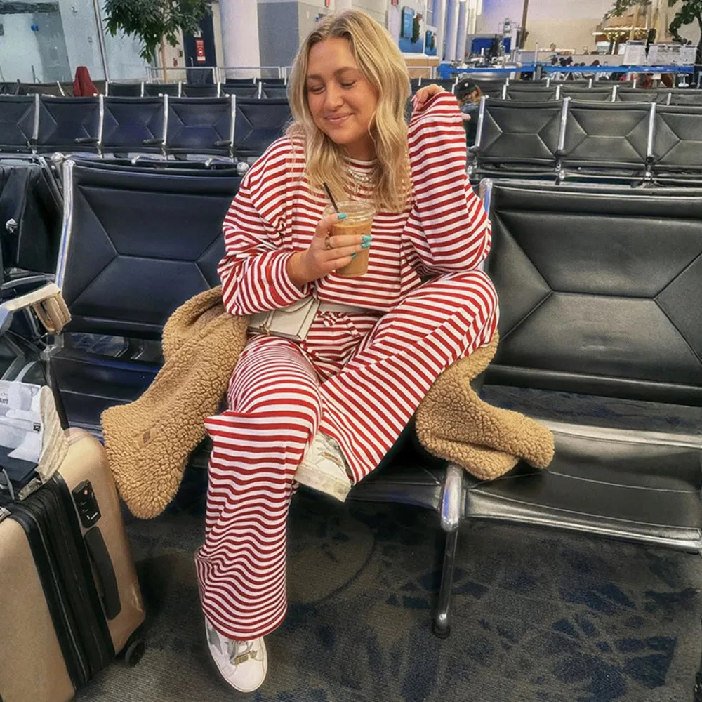 Oniflyme Gestreiften Druck Casual Hosen Set Frauen Mode Rundhals Langarm T-Shirt Kordelzug Lose Hosen Zwei Stück Outfits